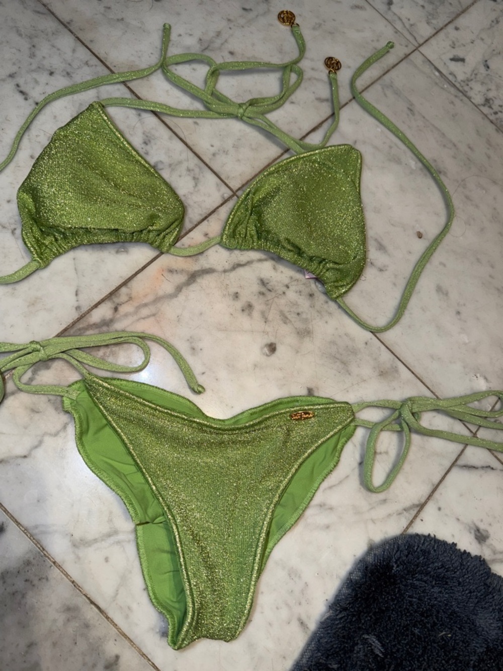 Lulu Fama lime, green metallic bikini top with pads, size M, bottom size XS